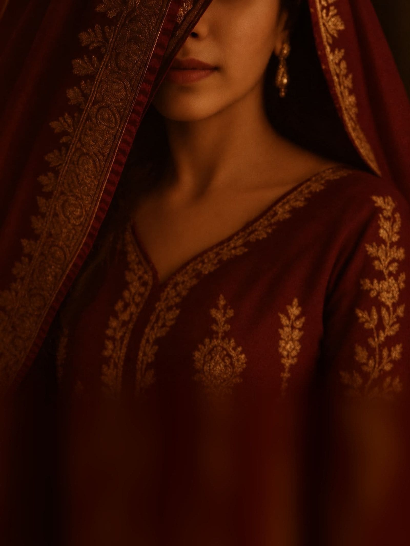 A woman in a burgundy dupatta with gold zari, her face half veiled, in warm light